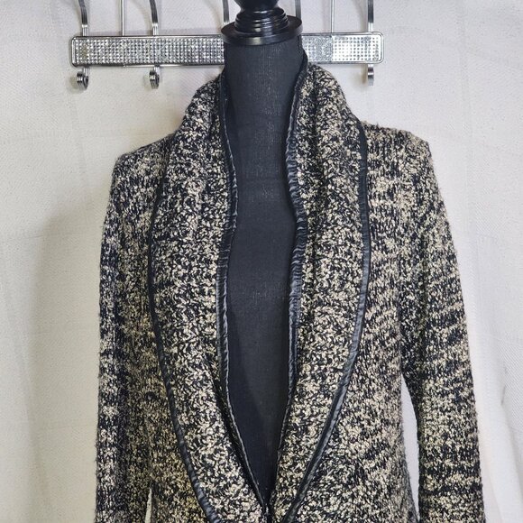 Sioni Black and Gray Boucle Trimmed in Faux Leather Chunky Sweater Cardigan Sz L - Picture 3 of 16